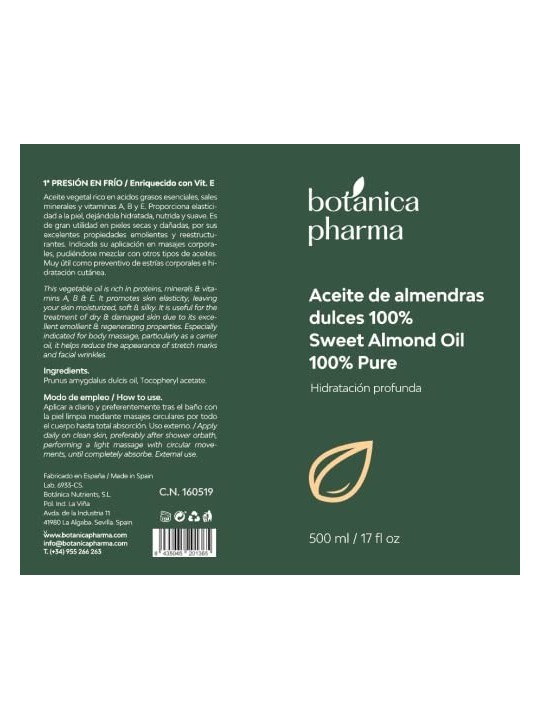 BOTANICAPHARMA Olio di mandorle puro per viso corpo e capelli pompetta da 500ml