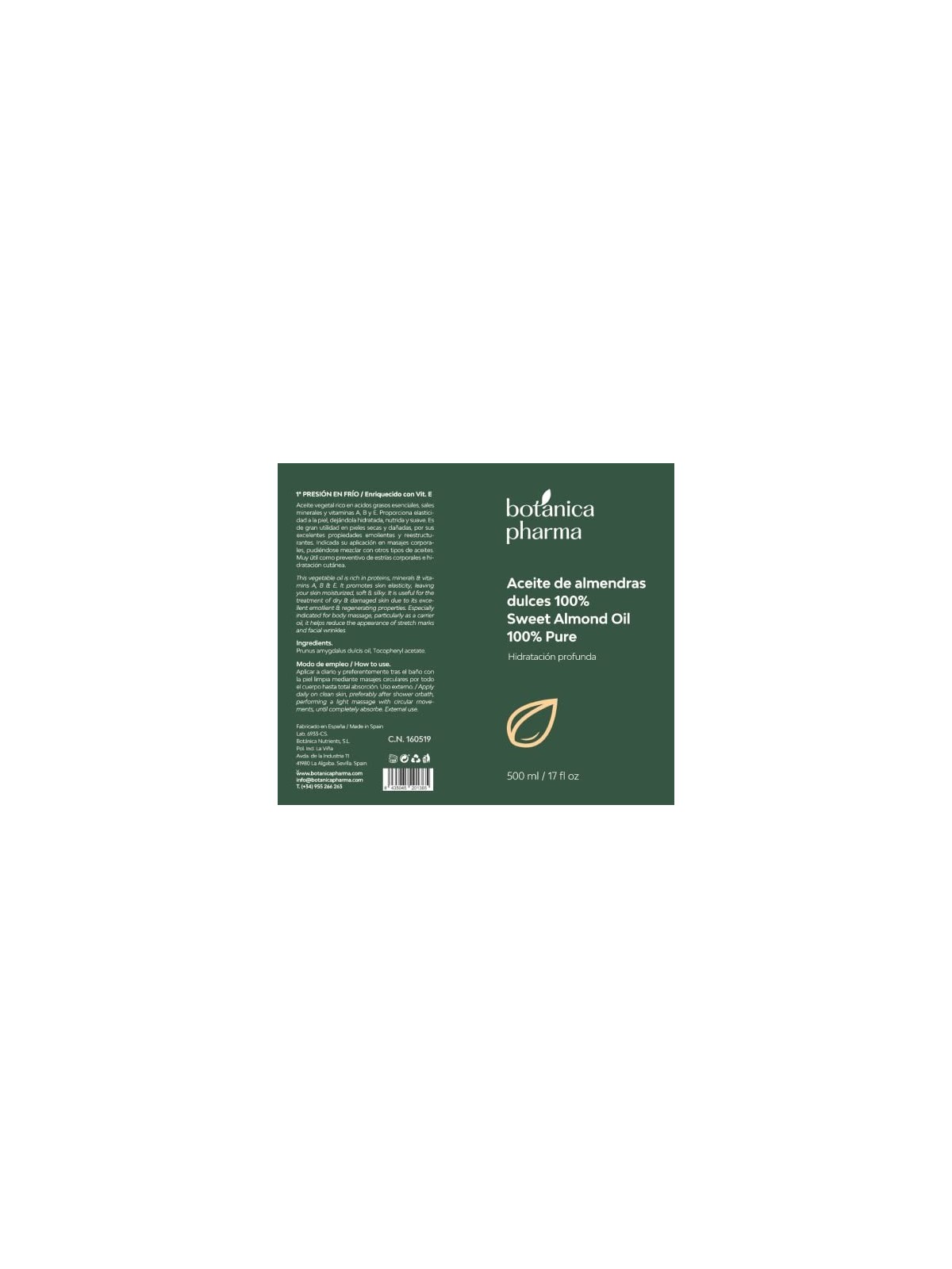 BOTANICAPHARMA Olio di mandorle puro per viso corpo e capelli pompetta da 500ml