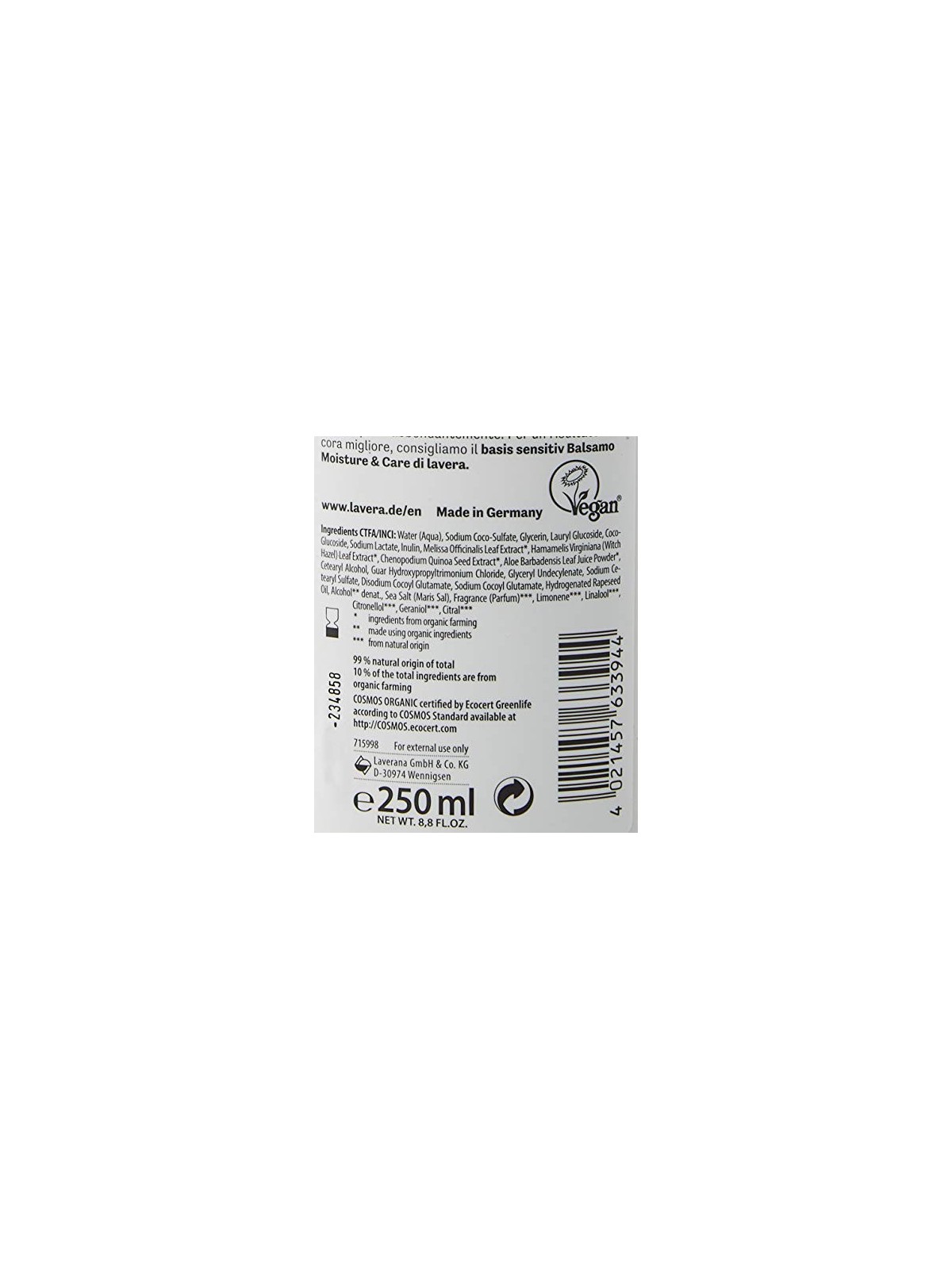 Shampoo Lavera Basis Sensitiv Moisture Care donna 250ml