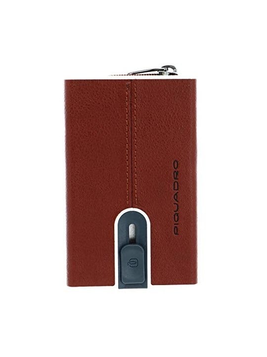 Porta Carte di Cuoio Quadrato Nero con Sistema Scorrevole Marrone Unisex