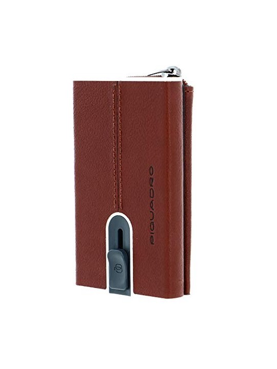 Porta Carte di Cuoio Quadrato Nero con Sistema Scorrevole Marrone Unisex