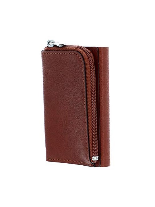 Porta Carte di Cuoio Quadrato Nero con Sistema Scorrevole Marrone Unisex