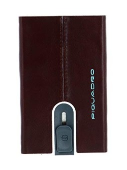 Piquadro Blue Square Leather Card Holder with Money Clip in Mahogany