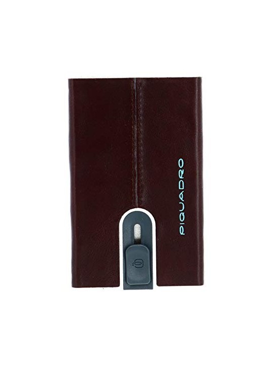 Piquadro Blue Square Leather Card Holder with Money Clip in Mahogany