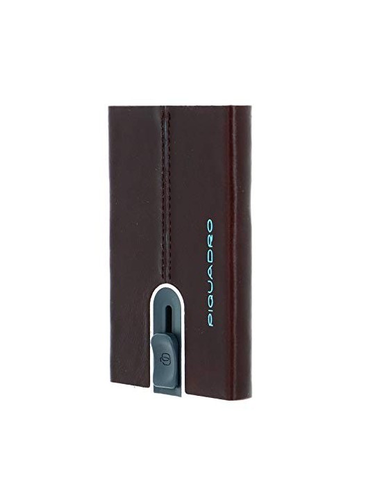Piquadro Blue Square Leather Card Holder with Money Clip in Mahogany