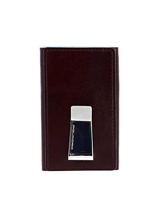 Piquadro Blue Square Leather Card Holder with Money Clip in Mahogany