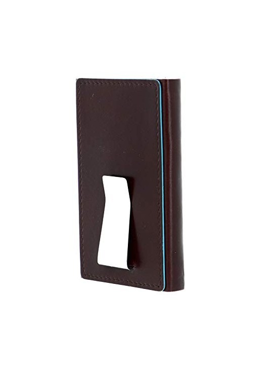 Piquadro Blue Square Leather Card Holder with Money Clip in Mahogany
