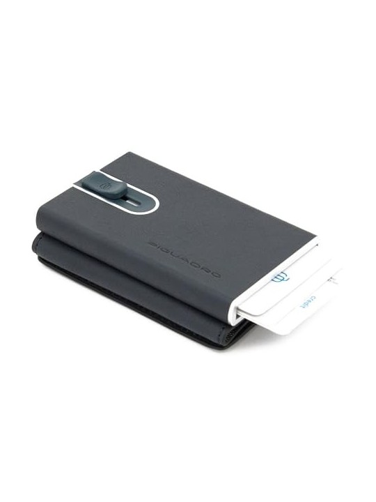 Piquadro Black Square Leather Wallet with Sliding Compact System Blue Men