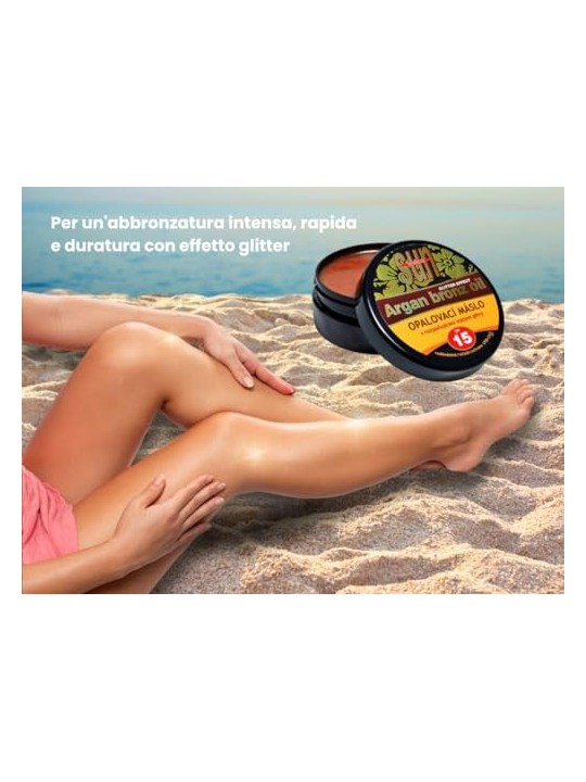 Burro abbronzante con olio di argan e glitter SPF15