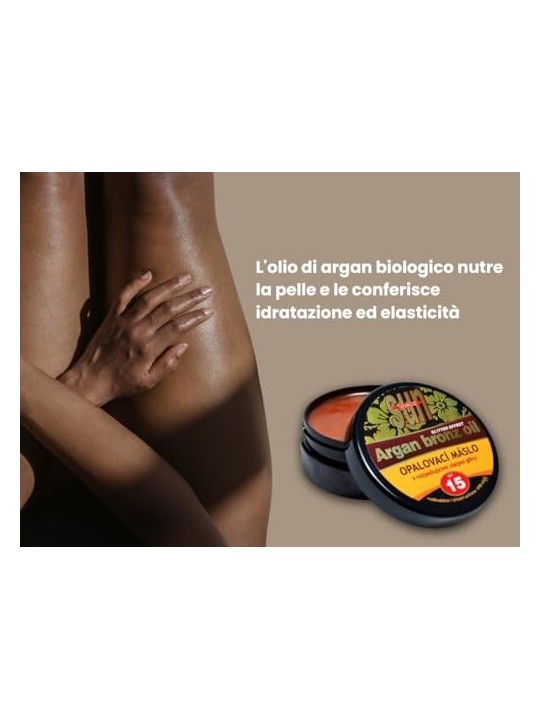 Burro abbronzante con olio di argan e glitter SPF15