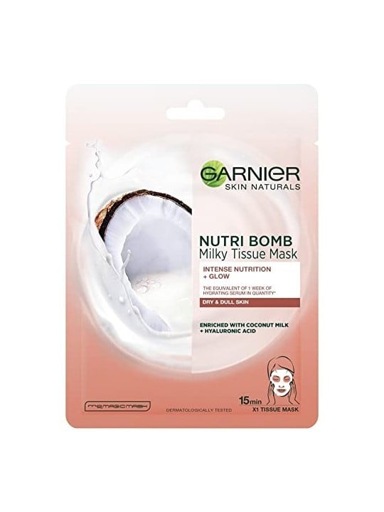 GARNIER Skin Naturals Milky Tissue Mask Maschera Viso in Tessuto con Latte di Cocco per Pelle Secca Donna 320g