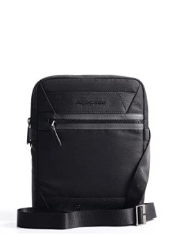 Piquadro Trakai Small Shoulder Bag in Black Leather and Fabric 27 x 21 x 5 cm men