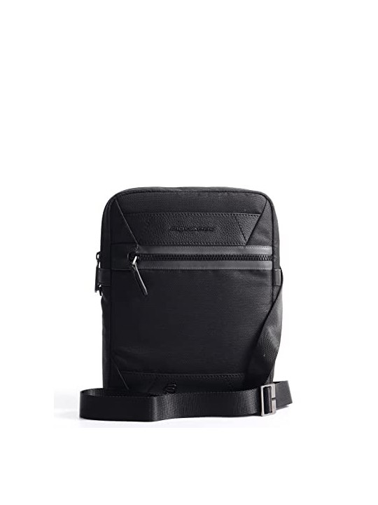 Piquadro Trakai Small Shoulder Bag in Black Leather and Fabric 27 x 21 x 5 cm men