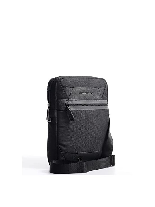 Piquadro Trakai Small Shoulder Bag in Black Leather and Fabric 27 x 21 x 5 cm men