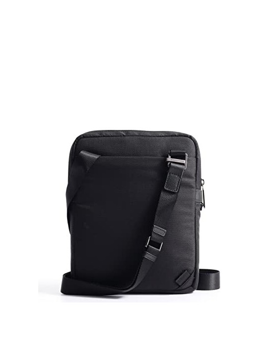 Piquadro Trakai Small Shoulder Bag in Black Leather and Fabric 27 x 21 x 5 cm men