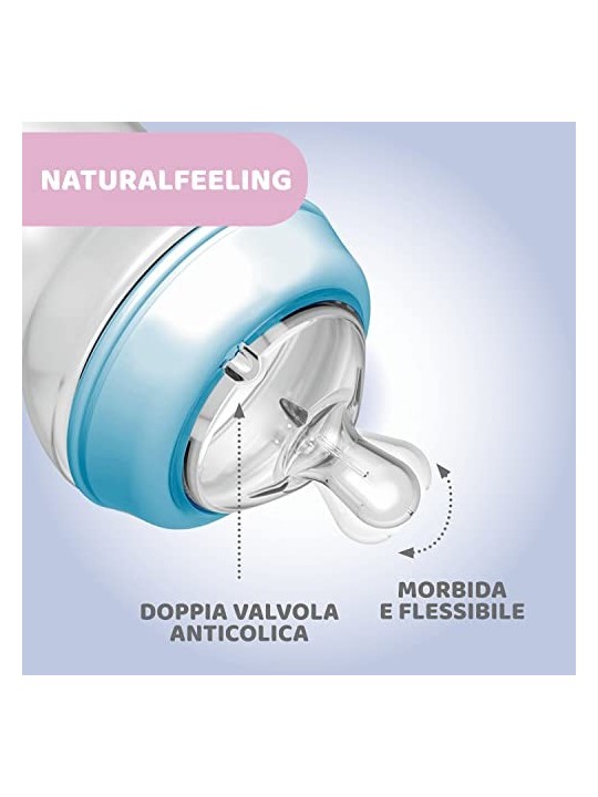 CHICCO NaturalFeeling Bottiglia di plastica 330ml con tettarella in silicone flusso veloce 6m Blu