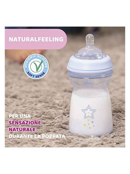 CHICCO NaturalFeeling Bottiglia di plastica 330ml con tettarella in silicone flusso veloce 6m Blu