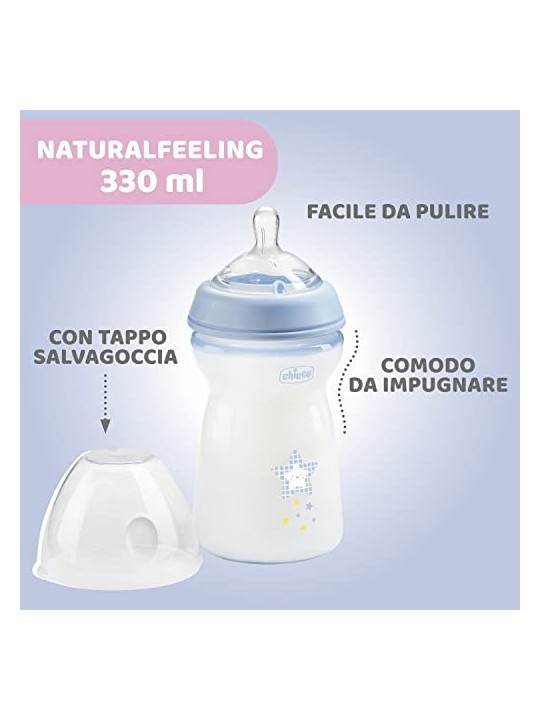 CHICCO NaturalFeeling Bottiglia di plastica 330ml con tettarella in silicone flusso veloce 6m Blu
