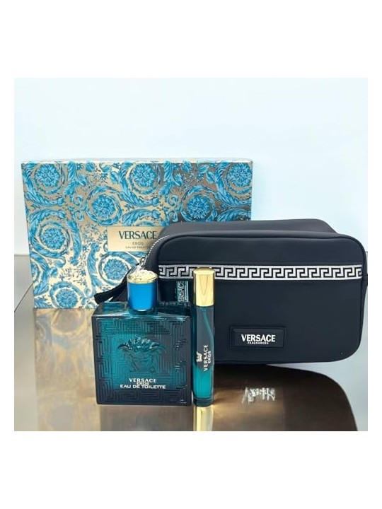 Versace Eros Pour Homme Giftset 110ml eau de toilette Spray 100ml-eau de toilette Spray 10ml-Black Trousse Versace www.essenzeto