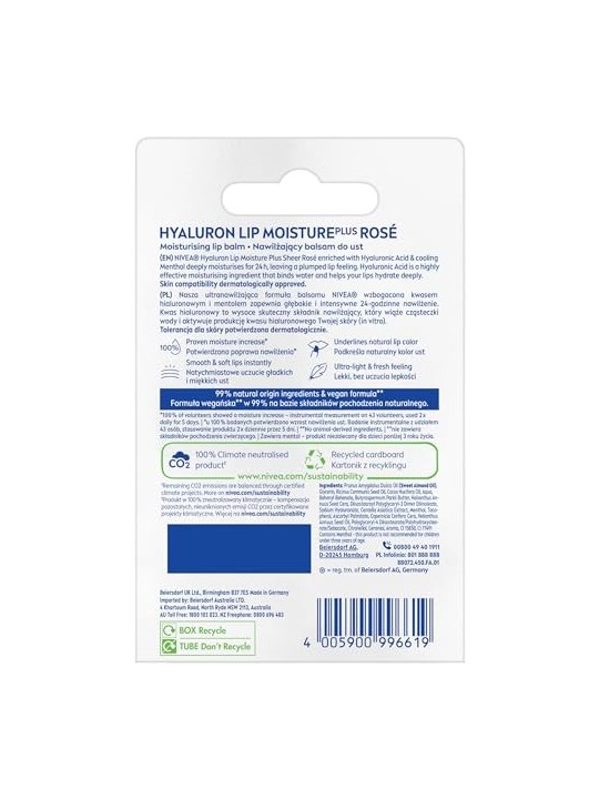 Balsamo labbra idratante NIVEA Hyaluron Lip Moisture Plus Sheer Rose 52g