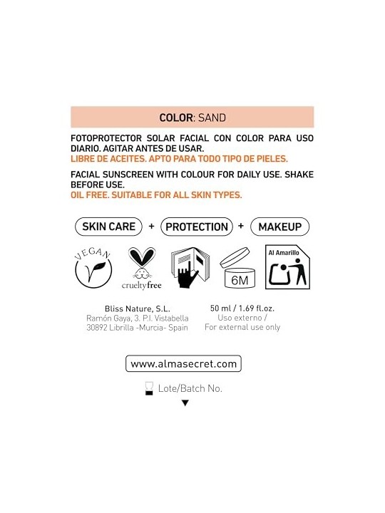 Alma Secret SOLAR Crema Viso Tinta SPF50 Sabbia 50ml Donna