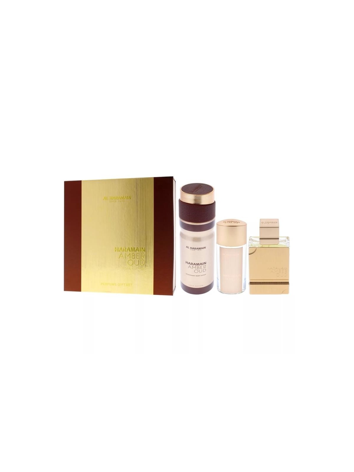 Set al haramain amber oud gold edp spray 75 ml + edp spray 30 ml + spray per il corpo 200 ml