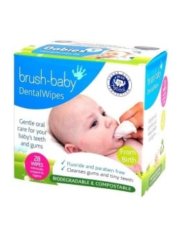 Brush baby salviette dentali con xilitolo per la pulizia di gengive e denti da latte 0-16 mesi 28 pezzi.