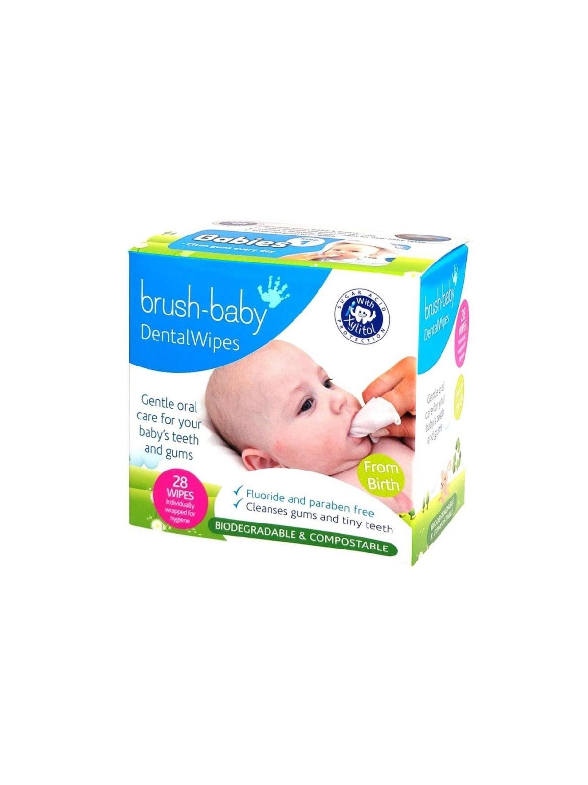 Brush baby salviette dentali con xilitolo per la pulizia di gengive e denti da latte 0-16 mesi 28 pezzi.