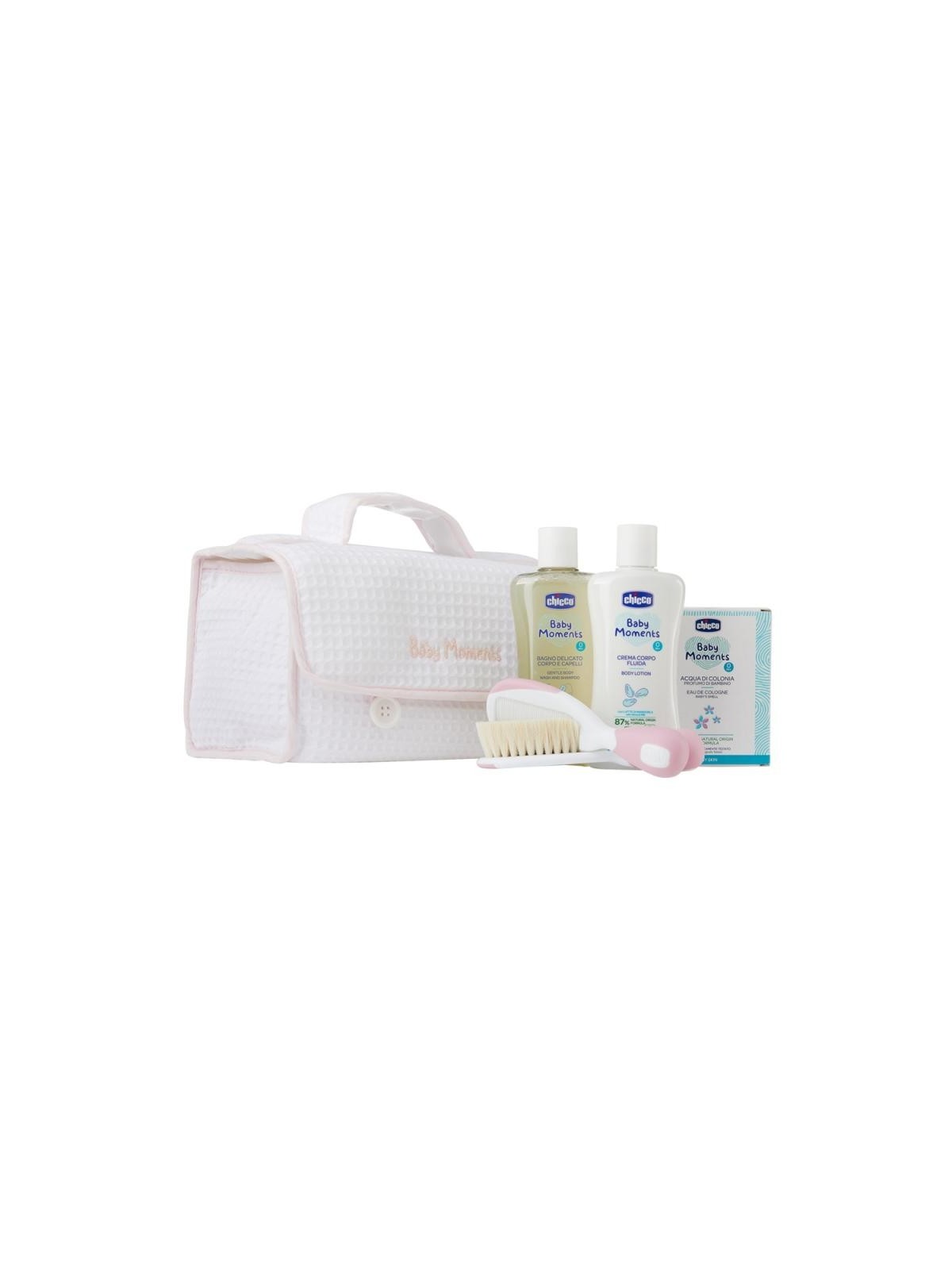 Chicco set baby moments detergente liquido 200 ml + lozione corpo 200 ml + eau de parfum 100 ml + pennello + trousse