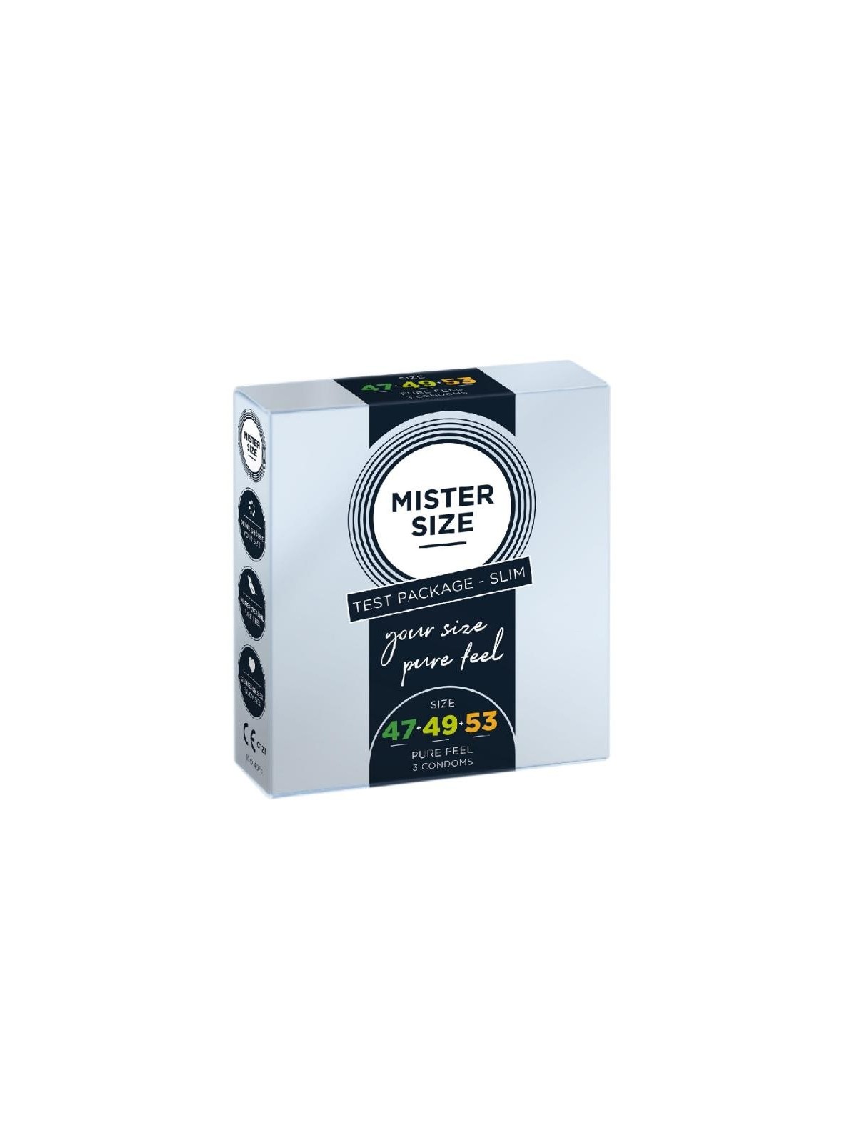 Mister size preservativi preservativi adatti alle misure 47mm, 49mm, 53mm 3 pezzi.