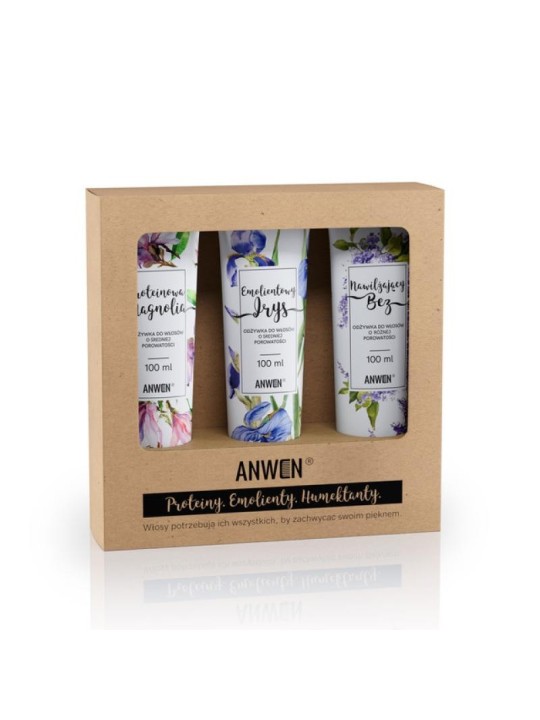 Anwen set balsami per capelli a media porosità proteine magnolia 100ml + emolliente iris 100ml + idratante sambuco 100ml