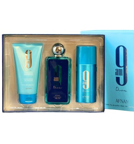 Afnan 9am Dive Gift Set: parfumo, gel doccia, deospray