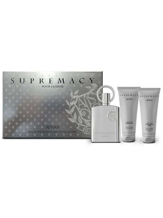 Afnan Supremacy Silver Set regalo eau de parfum 100 ml gel doccia 100 ml e balsamo dopobarba 100 ml uomo