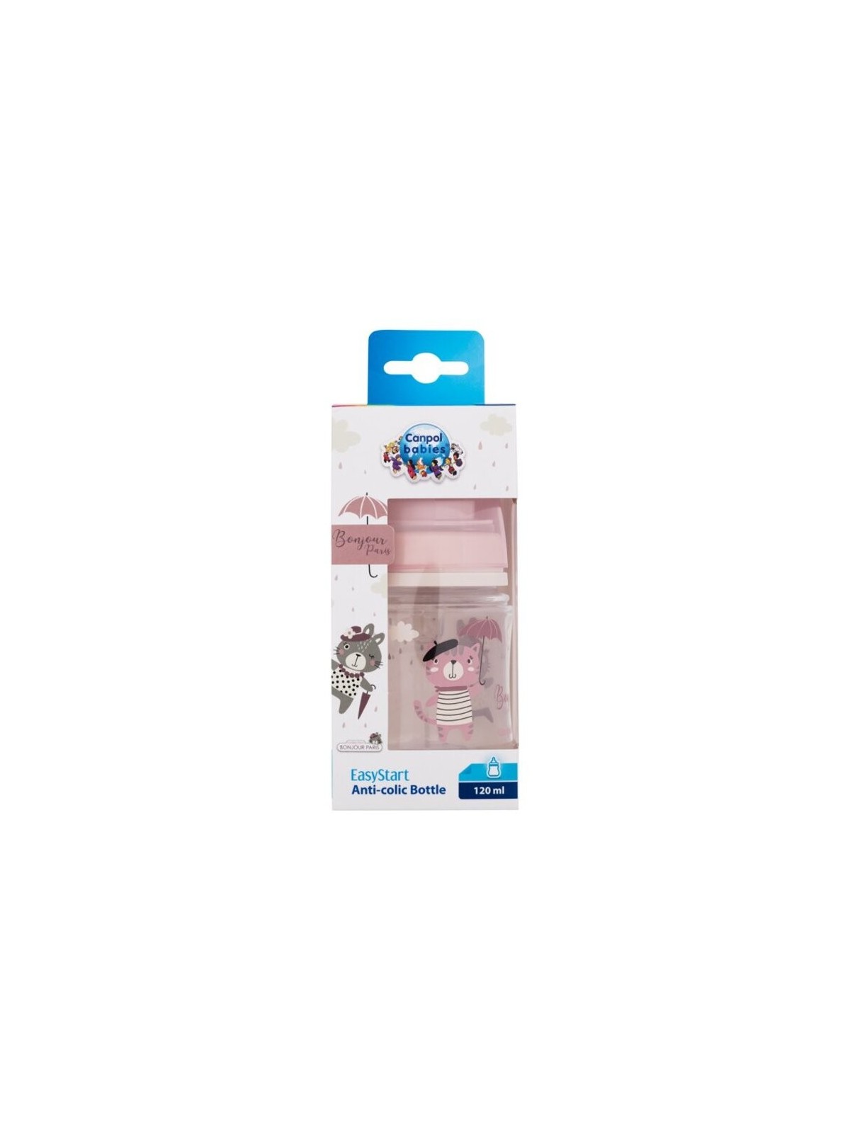 Bottiglia anti-colica rosa Canpol Babies Bonjour Paris Easy Start 120 ml