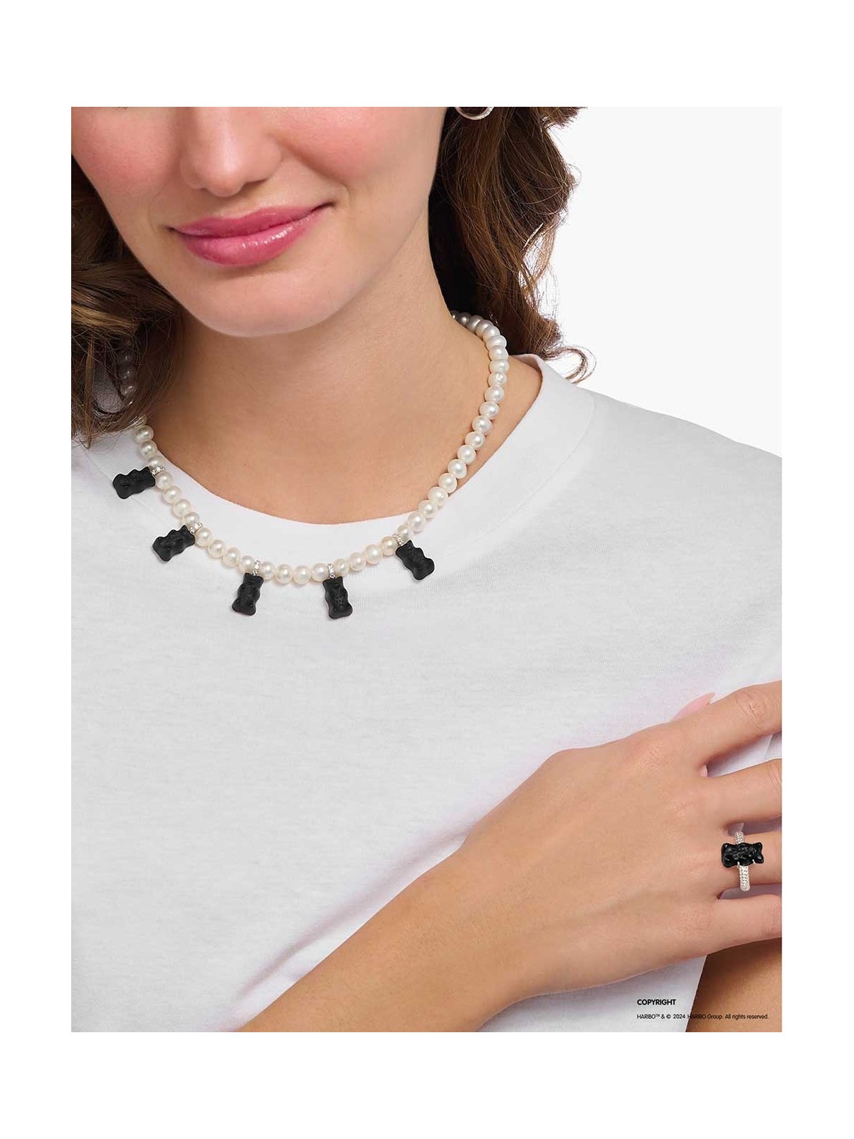 collana donna Thomas Sabo KE2208-052-11-L50V Silver Pearl necklace With 5 Black Gold Bears Ladies