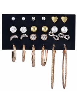 Troli Set di orecchini e anelli rotondi placcati in oro con zirconi oro/oro rosa (12 paia) donna