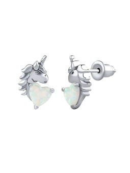 Silvego Orecchini a bottone in argento sterling Esma con unicorno e opale bianco a forma di cuore DCC22008EOW donna