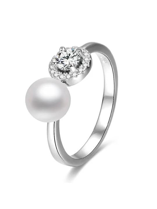 Beneto Anello aperto in argento con zirconi e perla AGG339 - Taglia: M (56-59 mm) donna