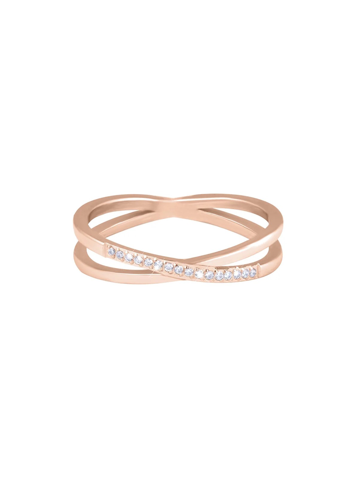 Troli Anello doppio in acciaio placcato oro con zirconi trasparenti color oro rosa - Diametro: 57 mm donna