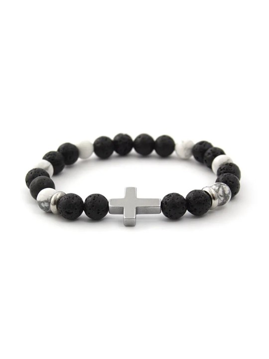 Agato Bracciale di perline in pietra lavaca, howlite ed ematite MINK64 - Lunghezza: 19 cm donna