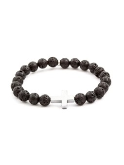 Agato Bracciale con perline in pietra lavaca ed ematite MINK61 - Lunghezza: 19 cm unisex