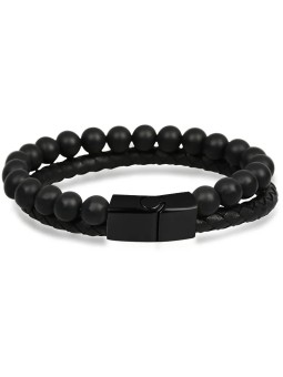 Troli Bracciale uomo nero in pelle e perline Pelle uomo