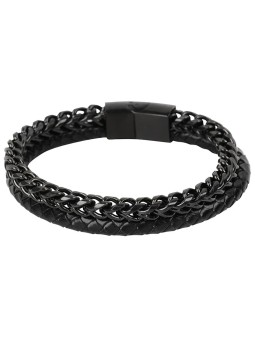 Troli Bracciale nero da uomo in combinazione di acciaio e pelle uomo