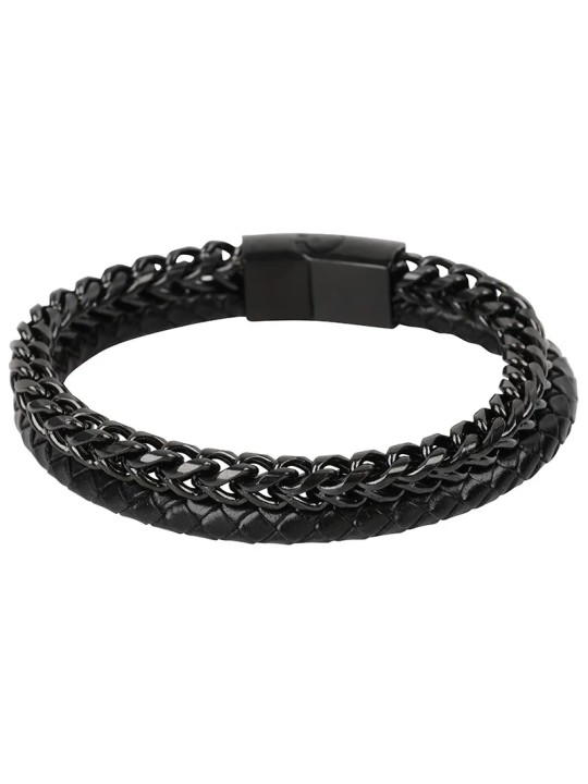 Troli Bracciale nero da uomo in combinazione di acciaio e pelle uomo