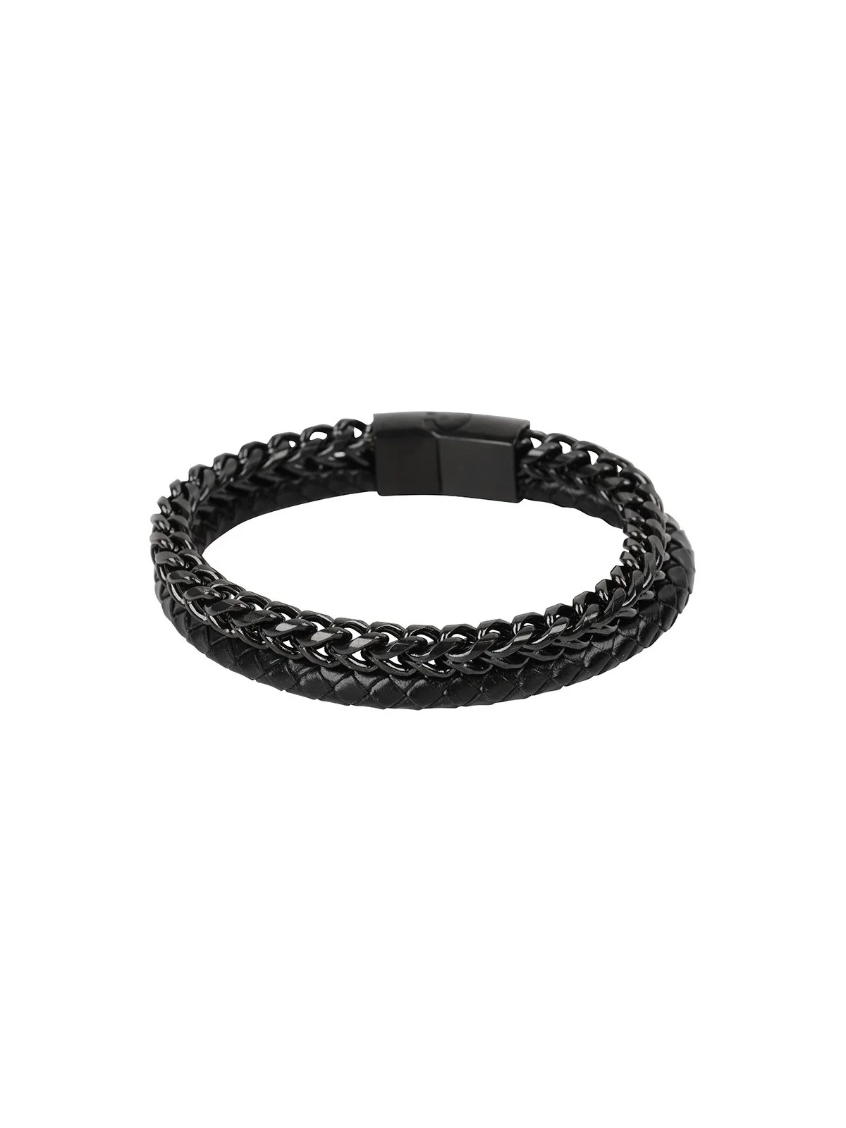 Troli Bracciale nero da uomo in combinazione di acciaio e pelle uomo