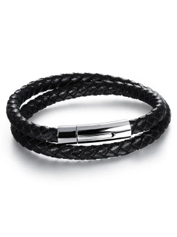 Troli Bracciale doppio in pelle nera unisex