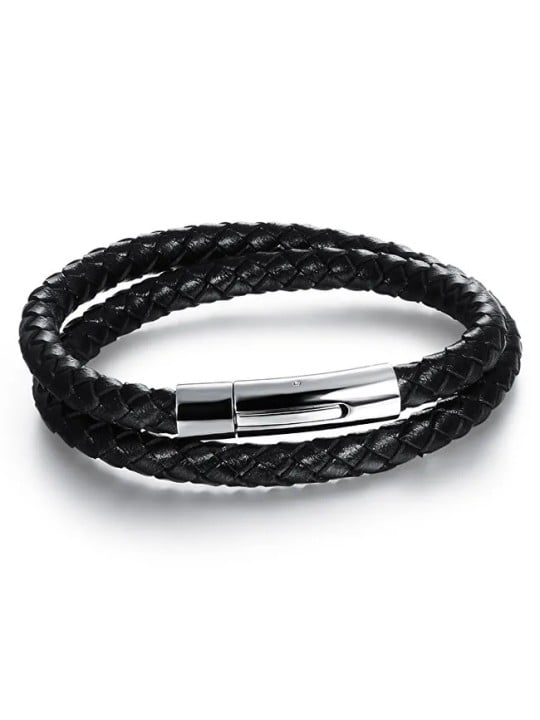 Troli Bracciale doppio in pelle nera unisex