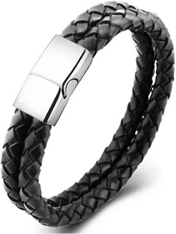 Troli Il bracciale doppio in pelle intrecciata nera Swater uomo