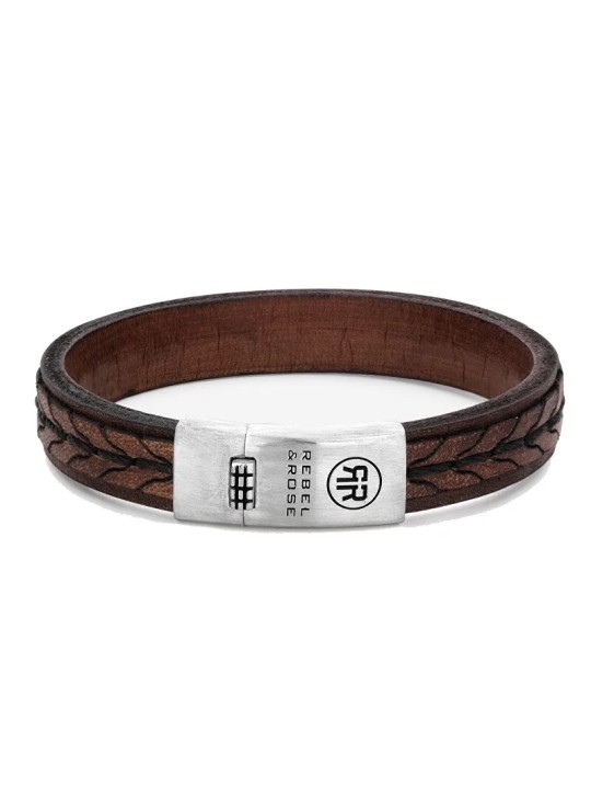 Rebel&Rose Bracciale da uomo in pelle intrecciata color cognac RR-L0079-S - Dimensioni: 19 cm - L uomo