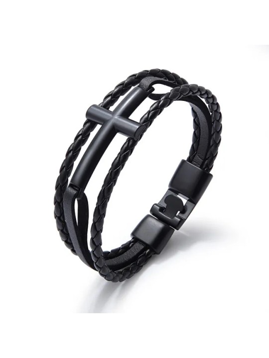Troli Bracciale in pelle nera con croce Pelle VPH1291D uomo